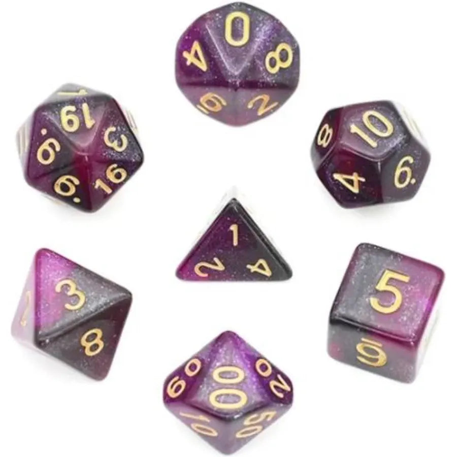 Black/Purple/Yellow/Shimmering Galaxy Polyhedral Dice (7 Count)