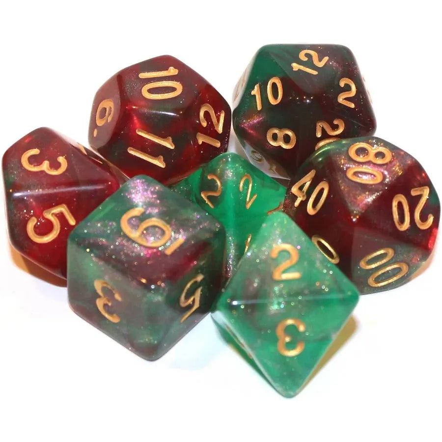 Red/Green/Shimmering Galaxy Polyhedral Dice (7 Count)